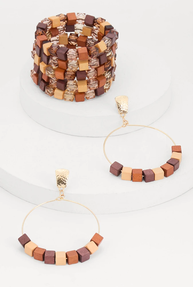 Womens Beaded Layered Stretch Bracelet and Hoop Earrings, Brown