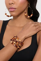 Womens Beaded Layered Stretch Bracelet and Hoop Earrings, Brown