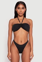 Womens Ruched Halter Tie Back Bikini Top and High Cut Bottoms,