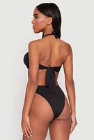 Womens Ruched Halter Tie Back Bikini Top and High Cut Bottoms,