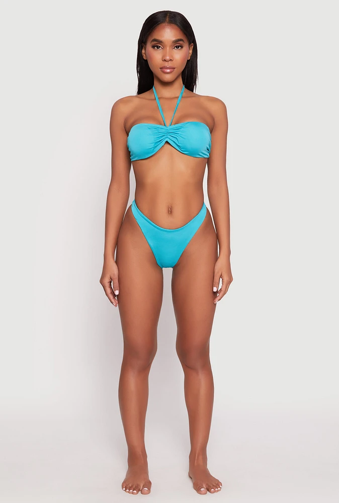Womens Ruched Halter Tie Back Bikini Top and High Cut Bikini Bottoms, Blue, Size M
