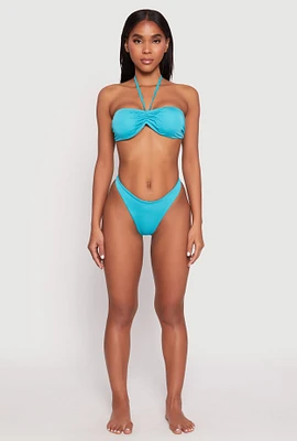 Womens Ruched Halter Tie Back Bikini Top and High Cut Bikini Bottoms, Blue, Size M