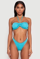 Womens Ruched Halter Tie Back Bikini Top and High Cut Bikini Bottoms, Blue, Size M