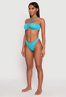 Womens Ruched Halter Tie Back Bikini Top and High Cut Bikini Bottoms, Blue, Size M
