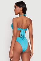 Womens Ruched Halter Tie Back Bikini Top and High Cut Bikini Bottoms, Blue, Size M