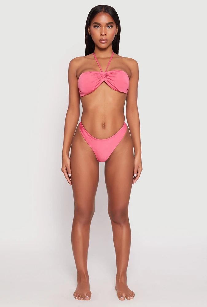 Womens Ruched Halter Tie Back Bikini Top and High Cut Bikini Bottoms, Pink, Size XL