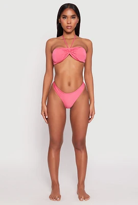 Womens Ruched Halter Tie Back Bikini Top and High Cut Bikini Bottoms, Pink, Size XL