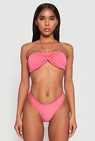 Womens Ruched Halter Tie Back Bikini Top and High Cut Bikini Bottoms, Pink, Size XL