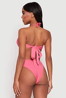 Womens Ruched Halter Tie Back Bikini Top and High Cut Bikini Bottoms, Pink, Size XL