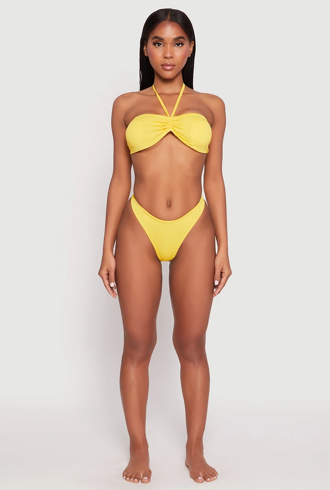 Womens Ruched Halter Tie Back Bikini Top and High Cut Bikini Bottoms, Yellow, Size L
