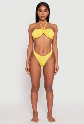 Womens Ruched Halter Tie Back Bikini Top and High Cut Bikini Bottoms, Yellow, Size L
