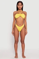 Womens Ruched Halter Tie Back Bikini Top and High Cut Bikini Bottoms, Yellow, Size L