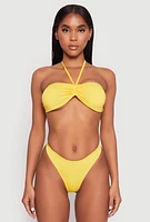 Womens Ruched Halter Tie Back Bikini Top and High Cut Bikini Bottoms, Yellow, Size L