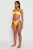 Womens Ruched Halter Tie Back Bikini Top and High Cut Bikini Bottoms, Yellow, Size L