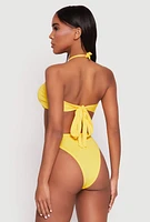 Womens Ruched Halter Tie Back Bikini Top and High Cut Bikini Bottoms, Yellow, Size L