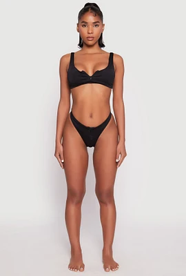 Womens Zip Front Bikini Top and High Cut Bikini Bottoms, Black, Size M