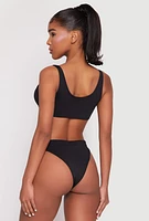 Womens Zip Front Bikini Top and High Cut Bikini Bottoms, Black, Size M
