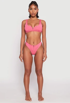 Womens Zip Front Bikini Top and High Cut Bikini Bottoms, Pink, Size S