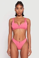 Womens Zip Front Bikini Top and High Cut Bikini Bottoms, Pink, Size S