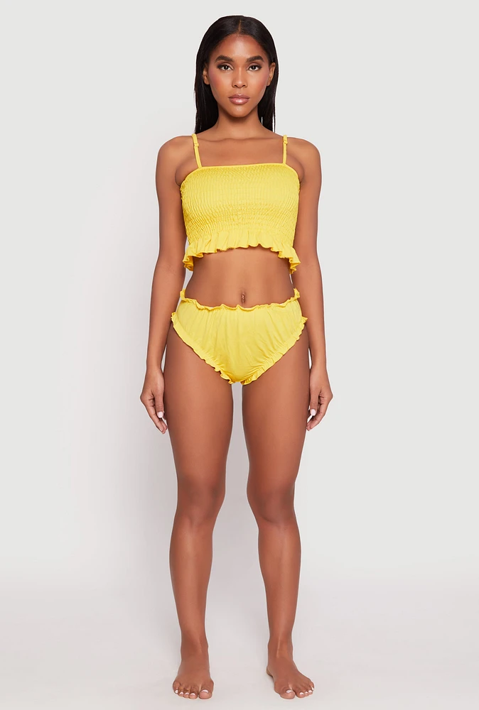 Womens Smocked Swim Cami and Bikini Bottoms Set, Yellow, Size M