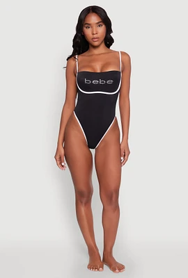 Womens Bebe Rhinestone Tie Back One Piece Swimsuit, Black, Size L