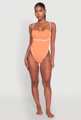 Womens Bebe Rhinestone Tie Back One Piece Swimsuit, Orange, Size S