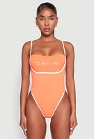 Womens Bebe Rhinestone Tie Back One Piece Swimsuit, Orange, Size S