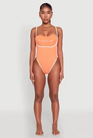 Womens Bebe Rhinestone Tie Back One Piece Swimsuit, Orange, Size S