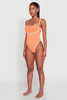 Womens Bebe Rhinestone Tie Back One Piece Swimsuit, Orange, Size S