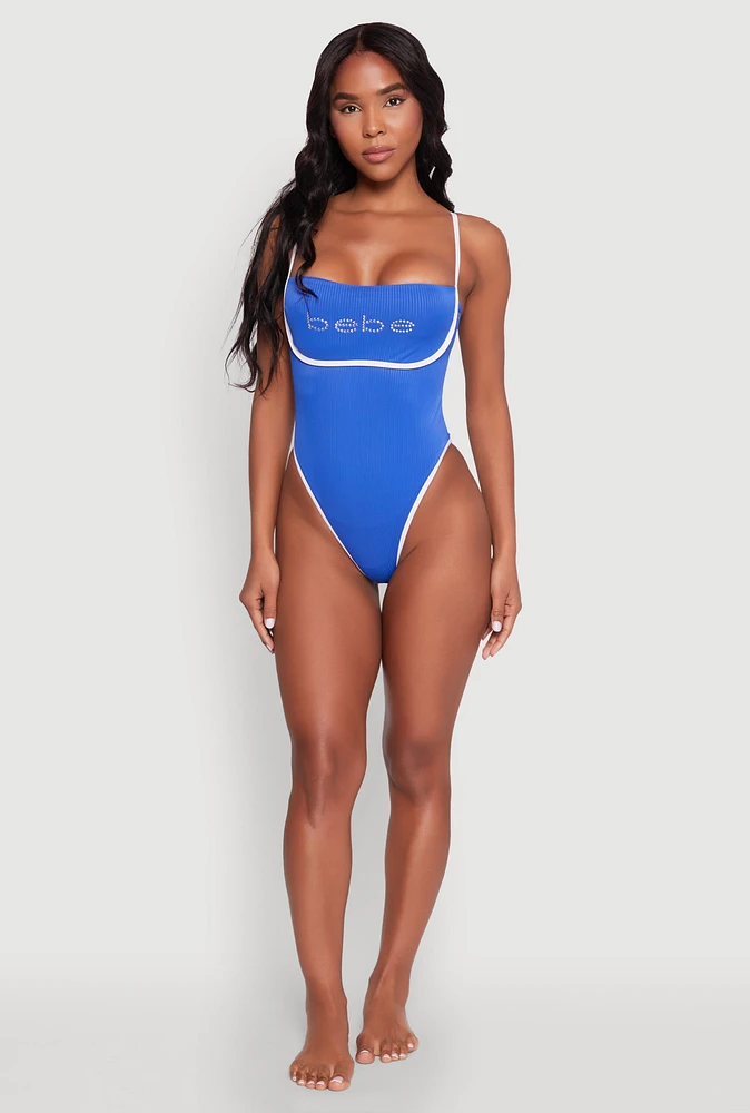 Womens Bebe Rhinestone Tie Back One Piece Swimsuit,