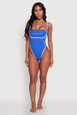 Womens Bebe Rhinestone Tie Back One Piece Swimsuit,