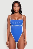Womens Bebe Rhinestone Tie Back One Piece Swimsuit,