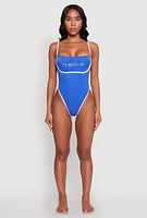 Womens Bebe Rhinestone Tie Back One Piece Swimsuit,