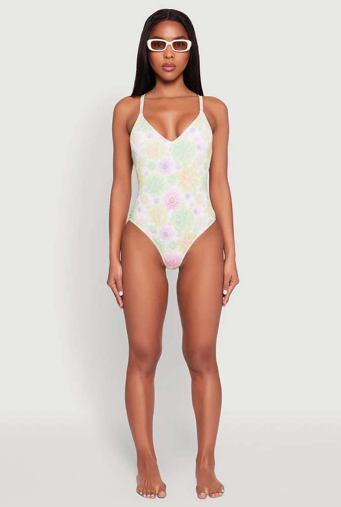 Womens Flower Print One Piece Swimsuit, Multi, Size L