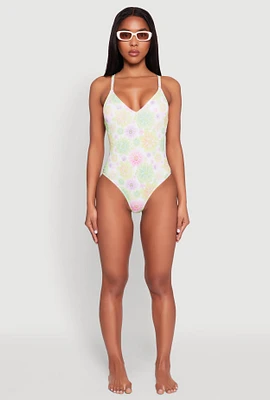 Womens Flower Print One Piece Swimsuit, Multi, Size L