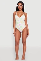 Womens Flower Print One Piece Swimsuit, Multi, Size L