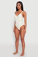 Womens Flower Print One Piece Swimsuit, Multi, Size L