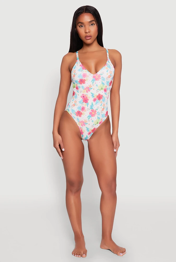 Womens Floral Print One Piece Swimsuit, Multi, Size XL