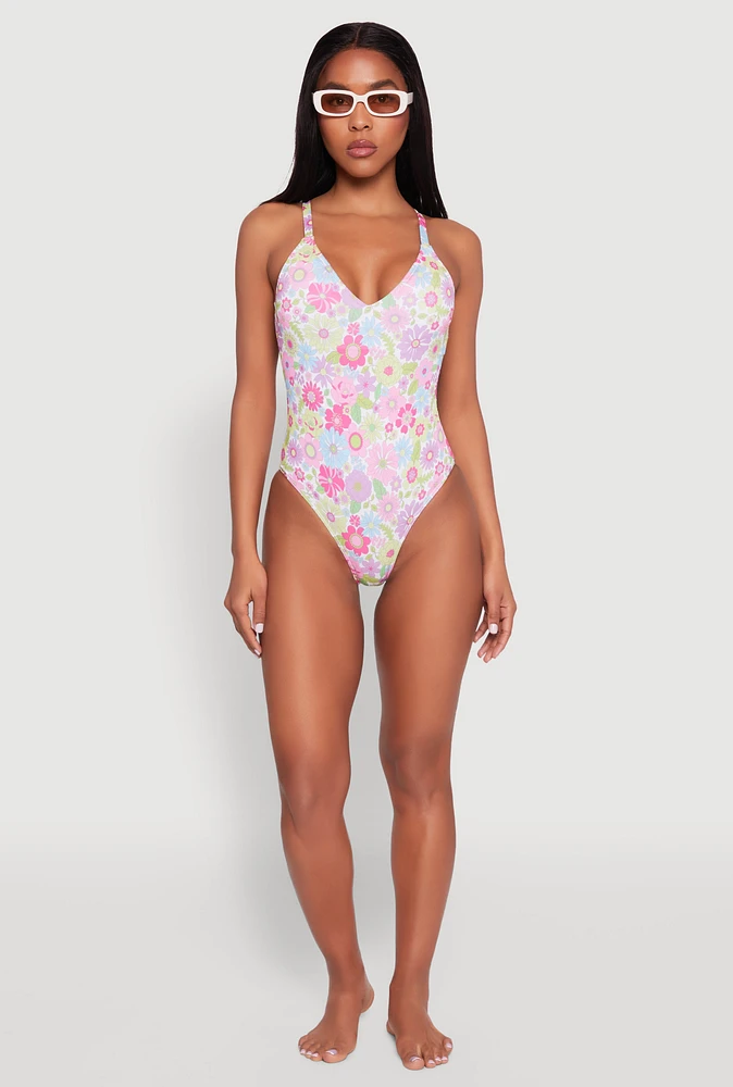 Womens Retro Floral Print One Piece Swimsuit, Multi, Size XL