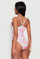 Womens Retro Floral Print One Piece Swimsuit, Multi, Size XL