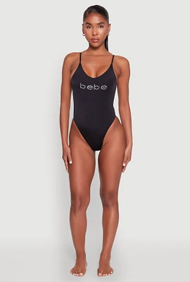 Womens Bebe Rhinestone One Piece Swimsuit, Black, Size M