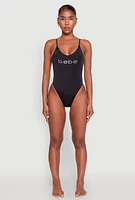 Womens Bebe Rhinestone One Piece Swimsuit, Black, Size M