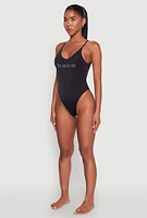 Womens Bebe Rhinestone One Piece Swimsuit, Black, Size M