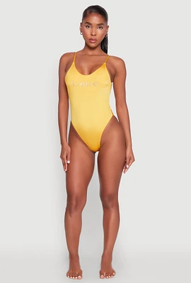 Womens Bebe Rhinestone One Piece Swimsuit, Orange, Size XL