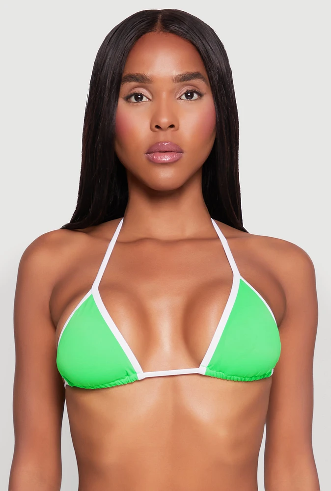 Womens Contrast Trim Triangle Swim Bikini Top, Green, Size S