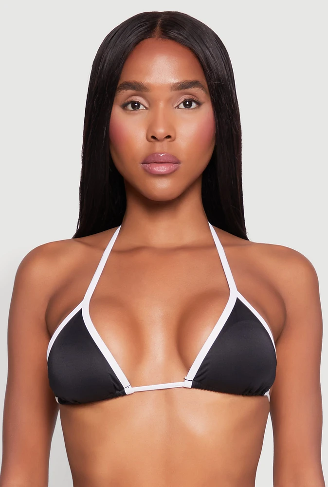 Womens Contrast Trim Detail Triangle Swim Bikini Top, Black, Size XL