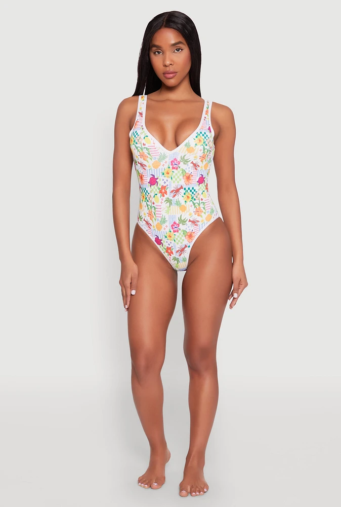Womens Tropical Floral Print One Piece Swimsuit, Multi,
