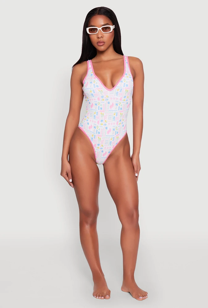 Womens Tropical Geometric Patterned One Piece Swimsuit, Multi,