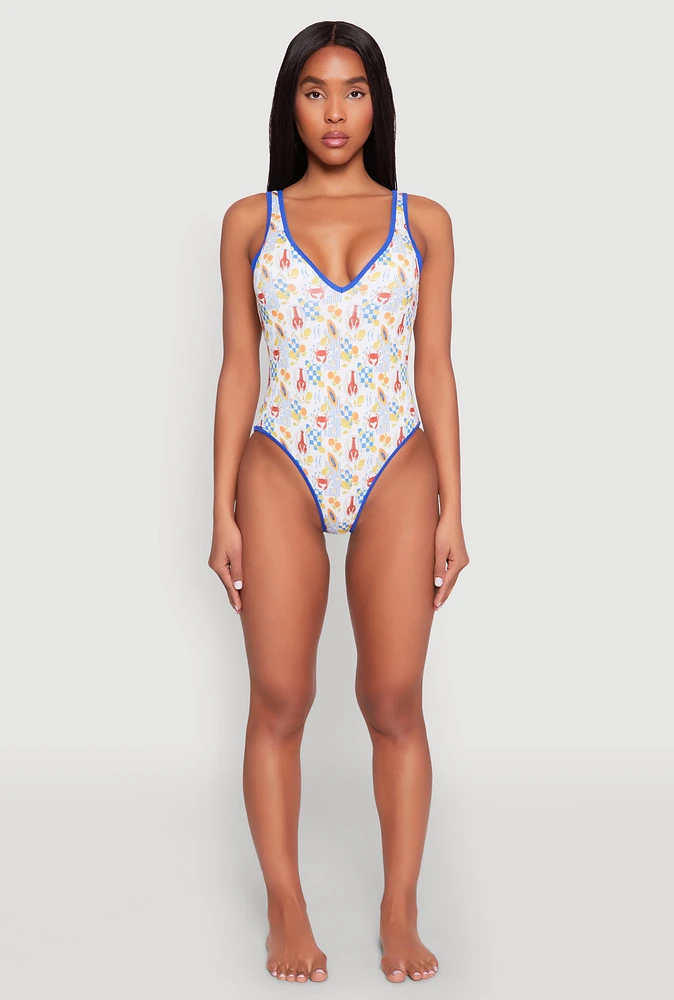 Womens Tropical Crab Papaya Print One Piece Swimsuit, Multi,