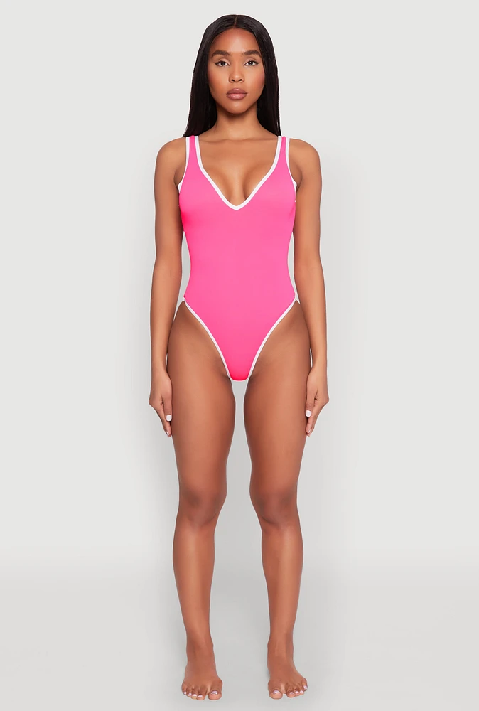Womens Contrast Trim One Piece Swimsuit, Pink, Size L